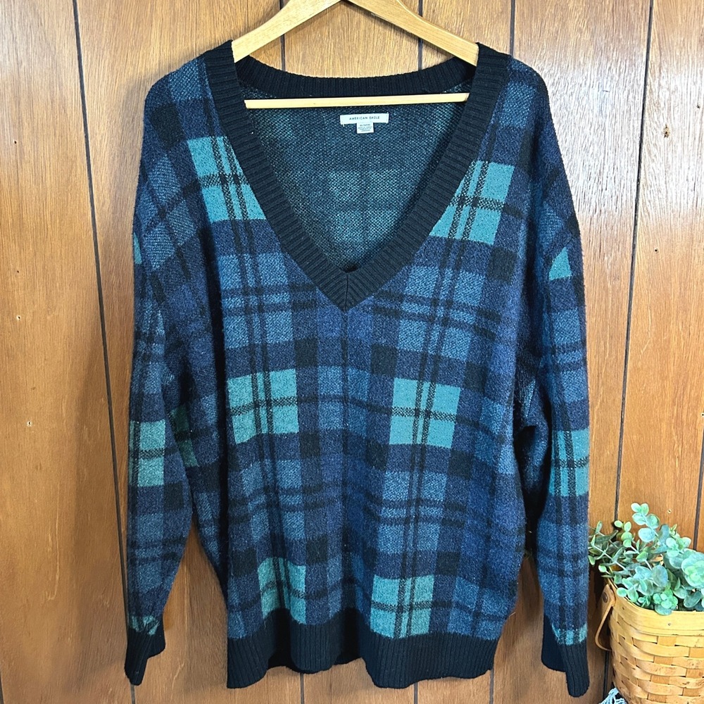 American Eagle Plaid V Neck Long Sleeve Sweater XLIT/G/EXG Blue Green Black